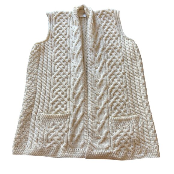 Irish Cable Knit Merino Wool Sweater Vest Kilronan Knitwear - Picture 1 of 4